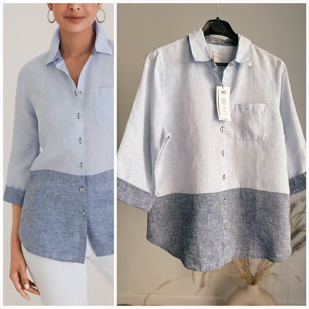 CHICOS Top Freshchic 100% Linen Colorblock Button Down Shirt Casual Blue